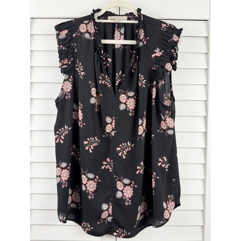 LOFT Floral Ruffle Sleeve Blouse Women XXL Black Pink Pleated Split Neck